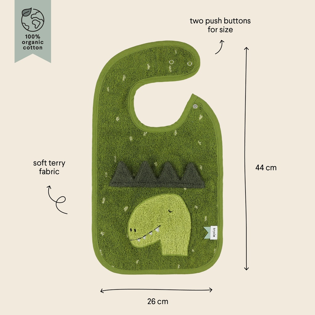 SLABBETJE, Mr. Dino Mealtime, groen, aop stippen, brod dino, stekels rug dino, badstof, 1 stuk(s), Mealtime, 2023-2024