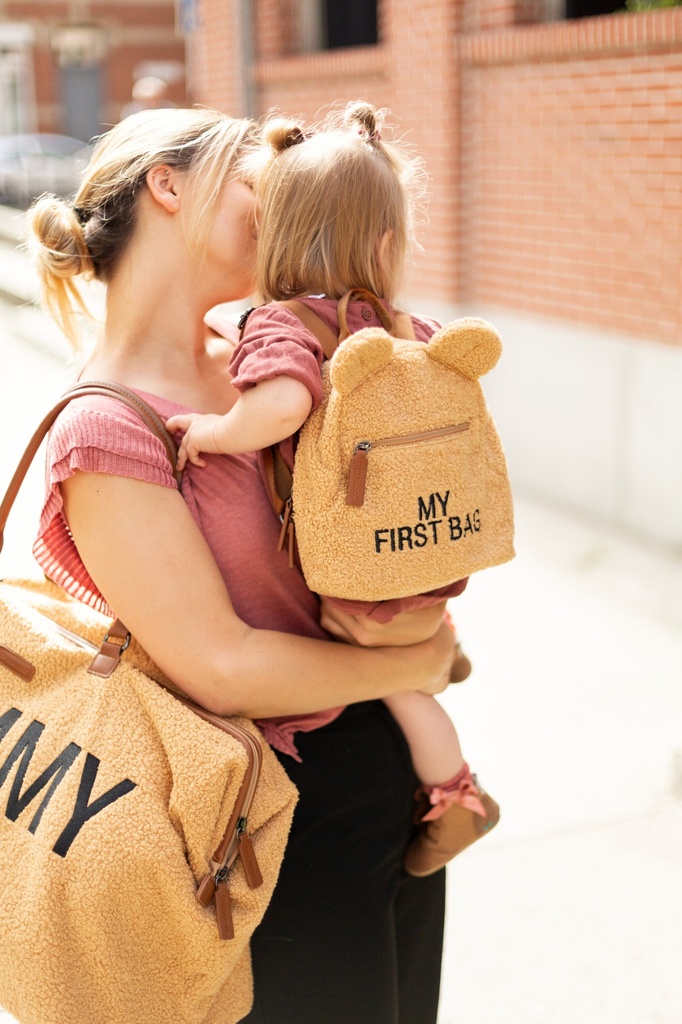 RUGZAK, My First Bag Teddy, beige, bruin, print tekst "My First Bag", 20x24x8cm