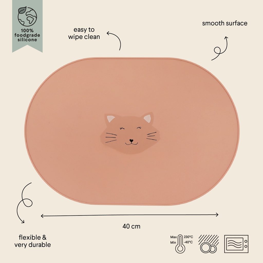 PLACEMAT, Cat mealtime, roze, kop kat, water afwerend, siliconen, ovaal,1 stuk