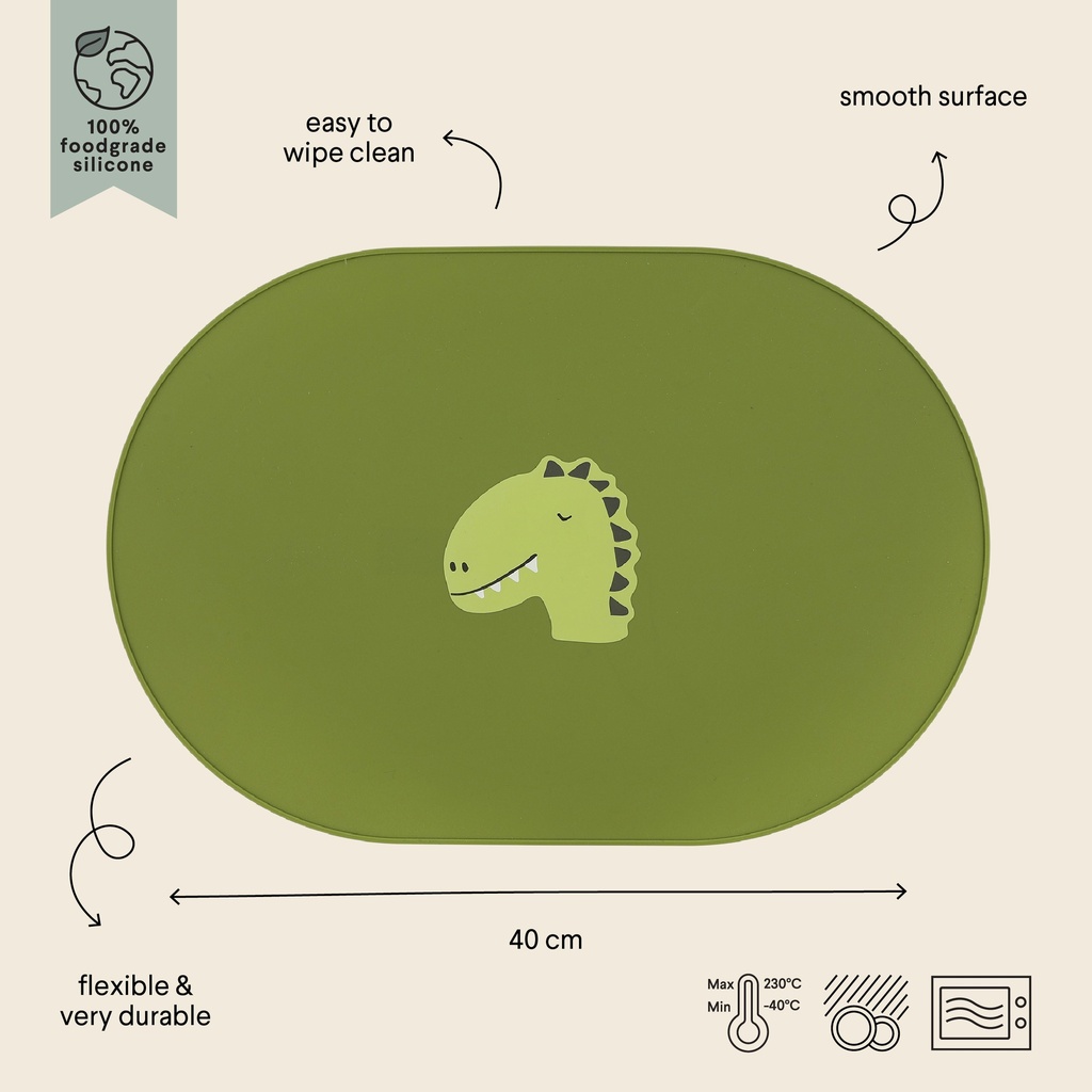 PLACEMAT, Dino, mealtime, groen, kop dino, siliconen, water afwerend, ovaal, 1 stuk