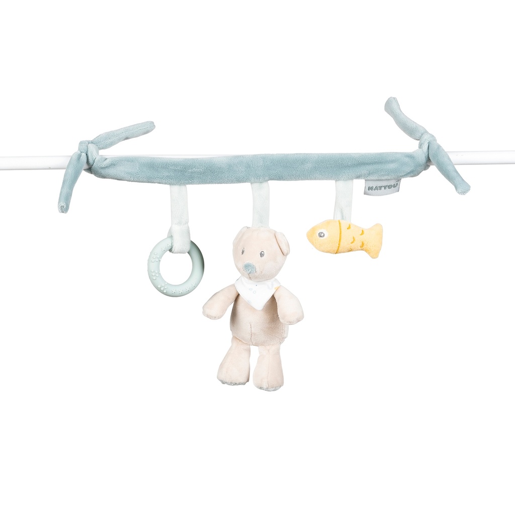 MAXI-COSI HANGER, Maxi toy, Romeo, Jules & Sally, groen/ecru, beer, vis en silicone ring, textiel, +muziek, 0M+