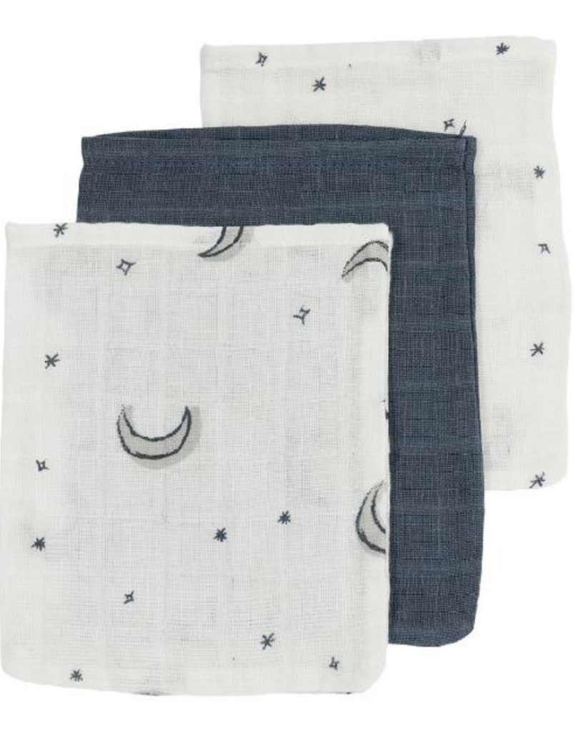 WASHANDJE, Moon indigo, ecru/blauw/ grijs, all over print maan en sterren/uni, tetra, 3 stuks