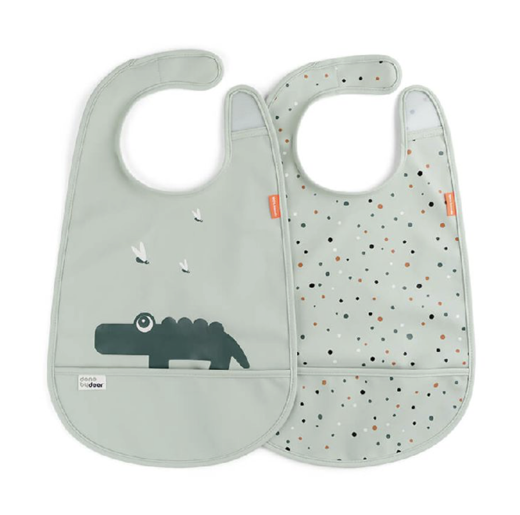 SLABBETJE, Bib W/Velcro 2-Pack, Croco, green, velcrosluiting, 26.5x42cm, met kruimelv., waterdicht, 2 stuk(s), 2024