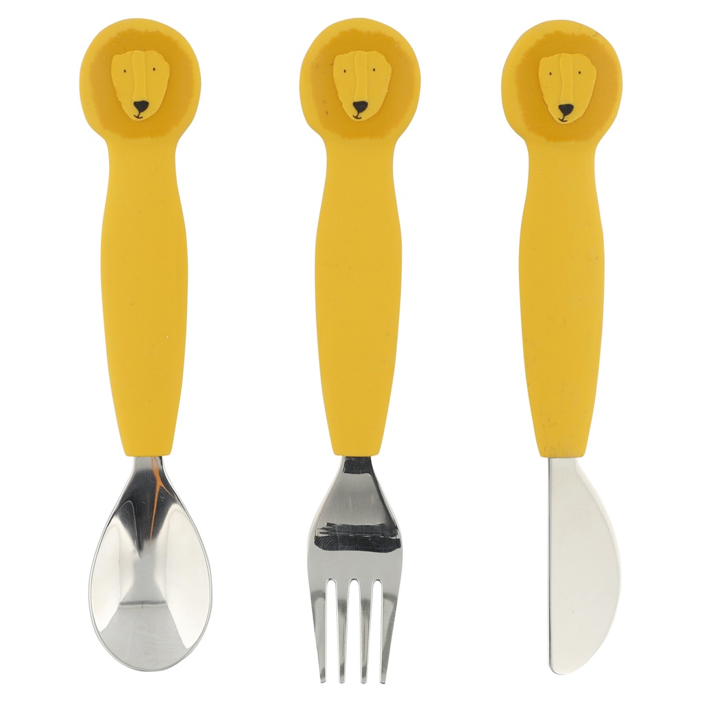 LEPEL| VORK| MES, 3 delig, Lion mealtime cutlery set 3 pack, geel, kop leeuw, vanaf 4 m.