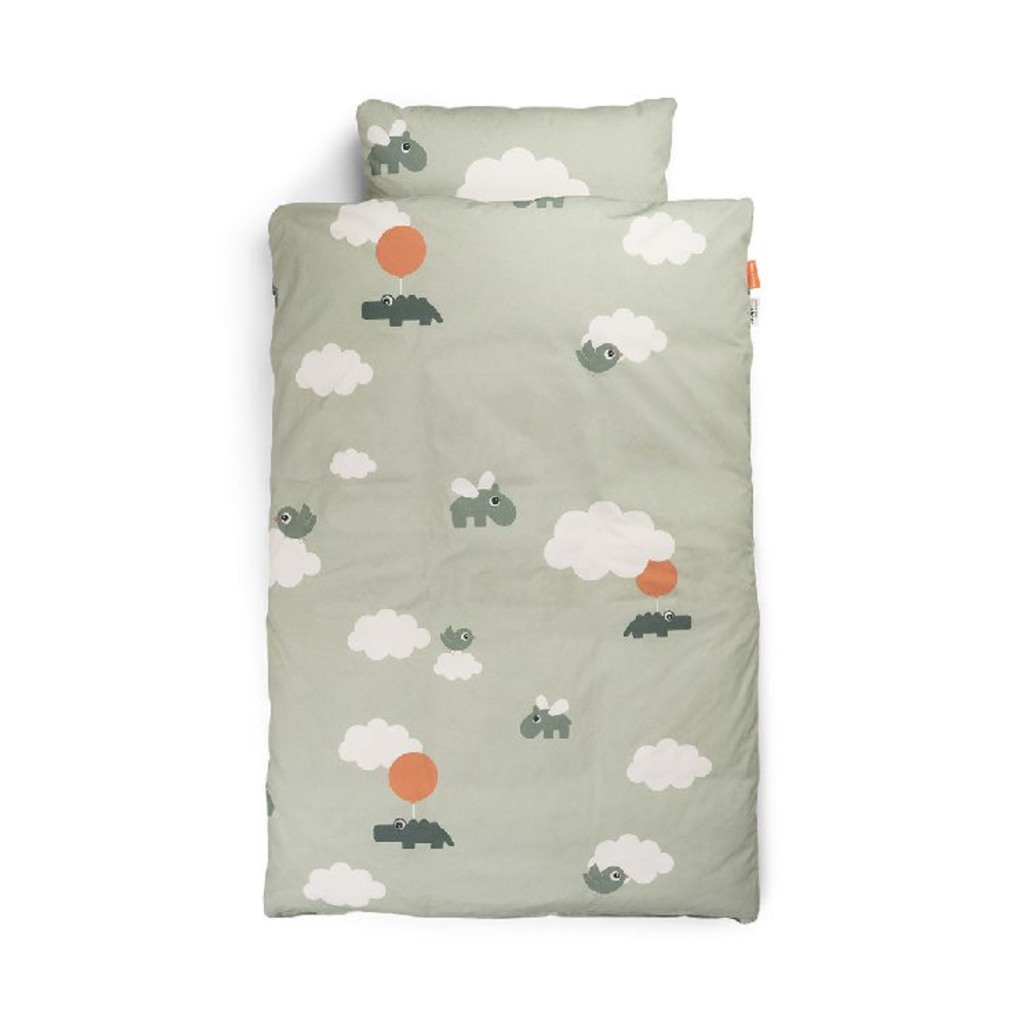 DONSOVERTREK, 100x140, Bedlinen Happy Clouds, green, ao dierenprint, bio katoen, +sloop, vr babybed, 2024