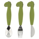 LEPEL| VORK| MES, 3 delig, Dino mealtime cutlery set 3 pack, groen, kop dino, vanaf 4 m