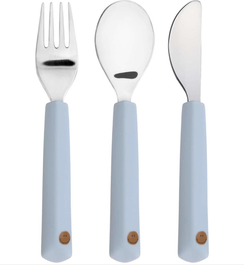 LEPEL/VORK/MES, 3 delig, Happy Rascals Smile, Cutlery, sky blue, blauw, print smiley, van 12 maand, bestek, 2023