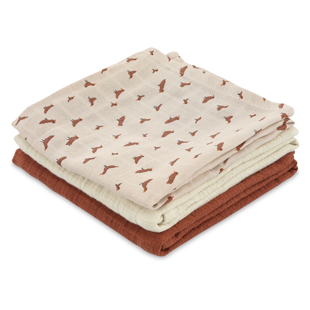 TETRA DOEK, 55x55cm, Babbling Birds, aop vogel/uni (Bliss rust/beige), handdoek/ luierdoek, 3 stuk(s) (075), 2023-2024