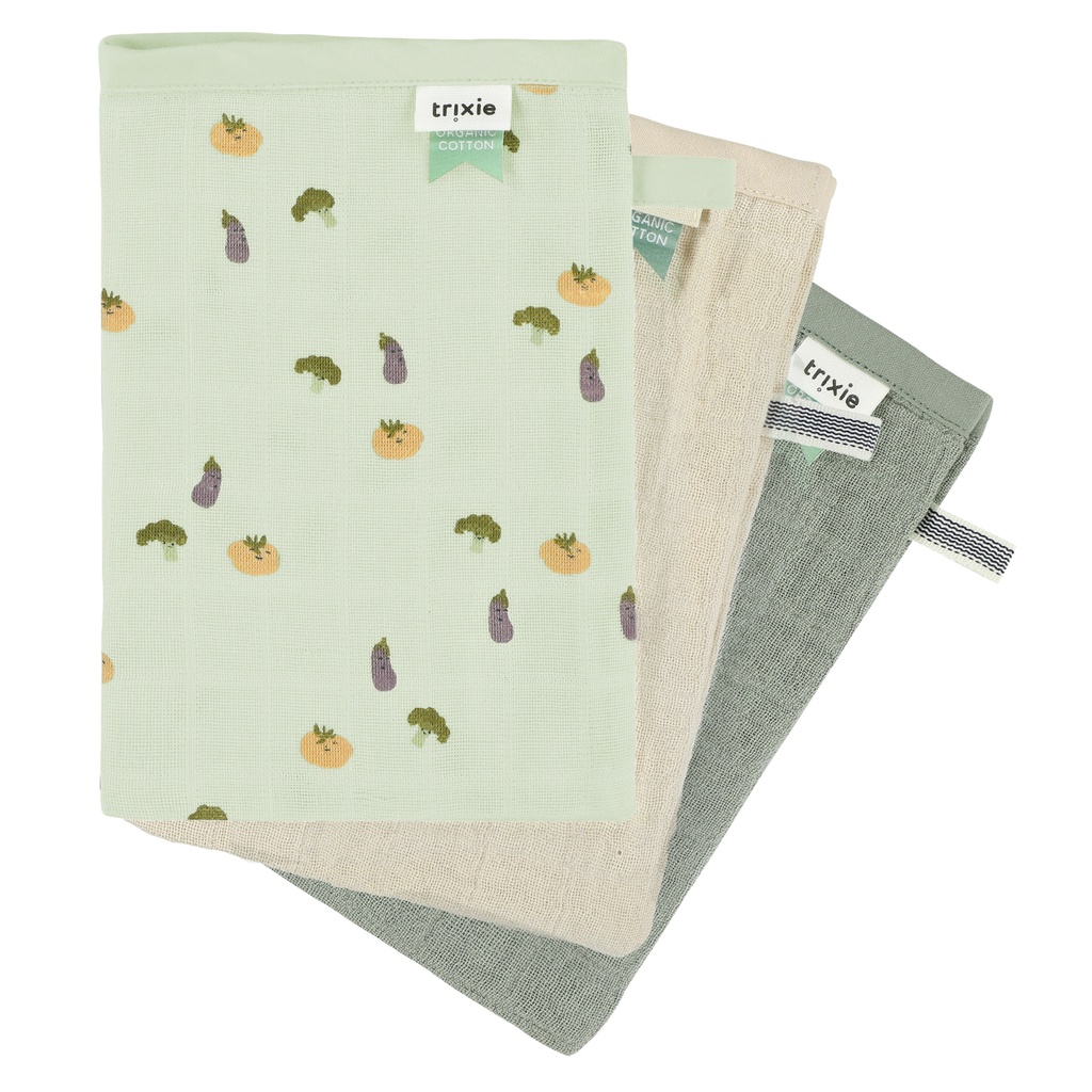 WASHANDJE, Friendly Vegetables, all over groenten print/uni (Bliss olive/beige), tetra, 3 stuk(s) (084), 2023-2024