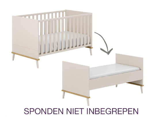 BED, 70x140, omvb, Hazel, cashmere beige - oak montana imitation, spaanderplaat, babybed omvb tot juniorbed, incl bodem