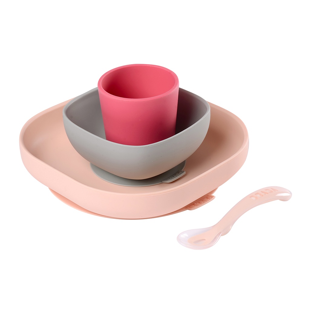 EETSET, pink, uni, 4 delig: plat bord met zuignap, kom met zuignap, beker, lepel, volledig silicone, 2020