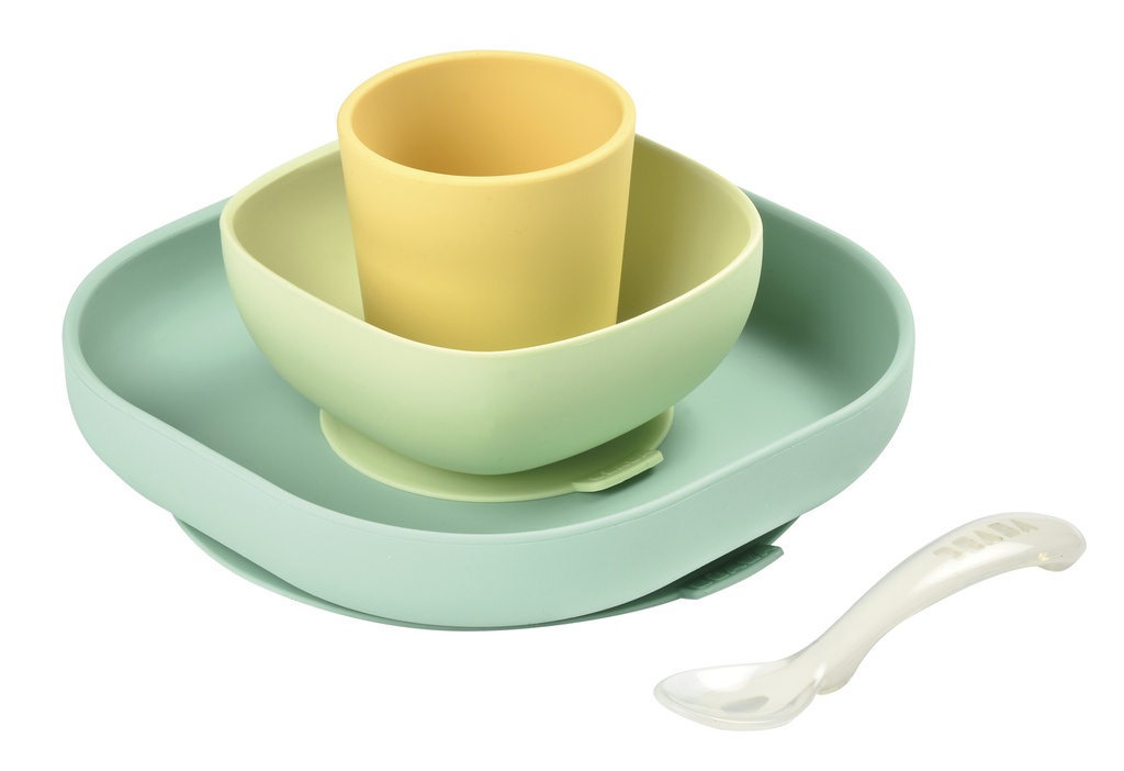 EETSET, geel, uni, 4 delig: plat bord, kom, lepel, drinkbeker, volledig silicone, 2020