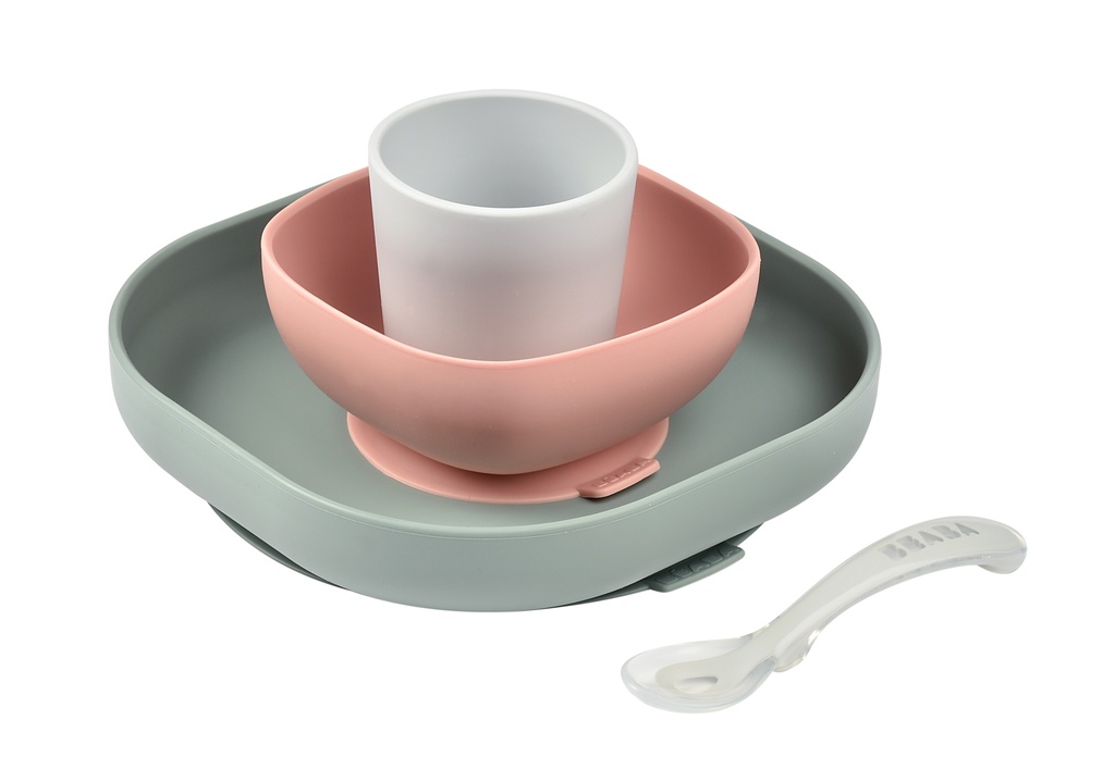 EETSET, eucalyptus, wit/roze/groen, uni, silicone, 4 delig: plat bord, kom, lepel, drinkbeker, 2020