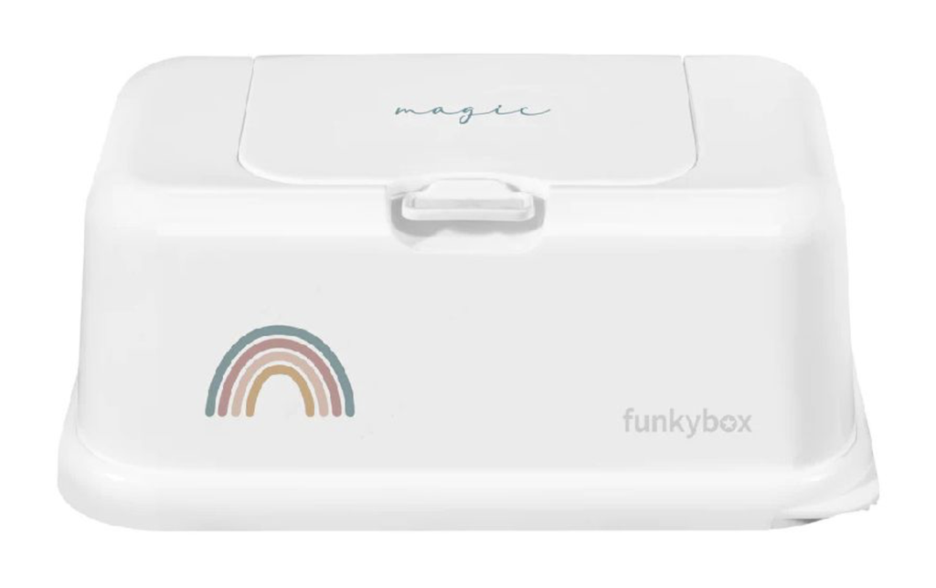 BOX, doos, Magic Rainbow, white , wit, print regenboog, kunststof, vr vochige doekjes, 13x9x22cm