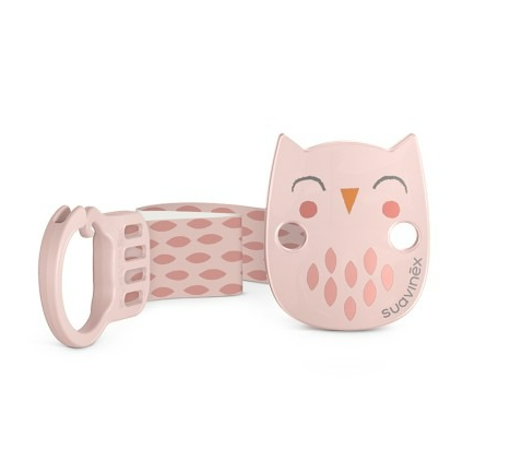 FOPSPEENKETTING, owl pink, roze, lint polyester met clip in kunststof, koord, vr fopspeen met ring, Bonhomia