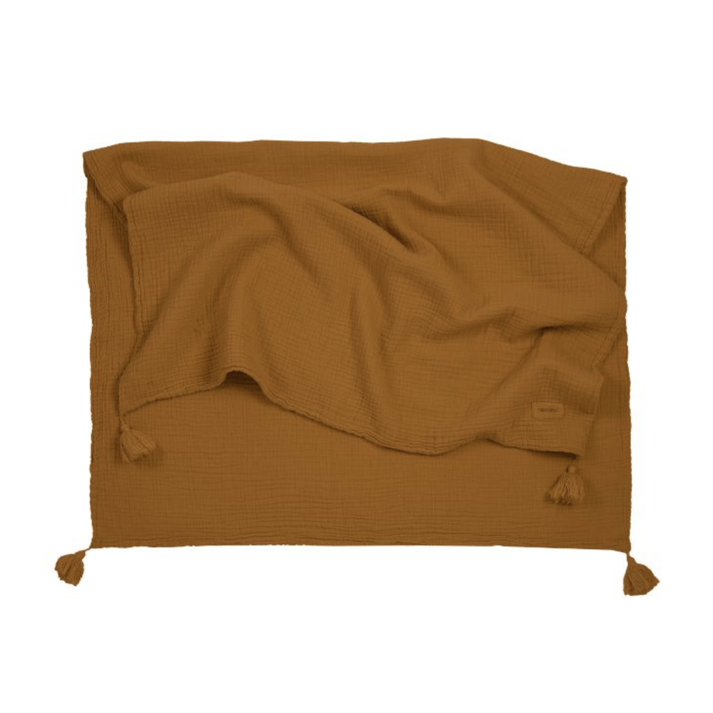 DEKEN, 65x100cm, Wabi-Sabi, Washed Double Muslin Blanket, golden brown, bruin, uni/uni, sierkwastjes, katoen