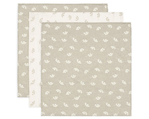 [471251] TETRA DOEK, 70x70cm, Small, Twig olive green, groen/ecru, all over print takjes, handdoek/luierdoek, 3 stuks