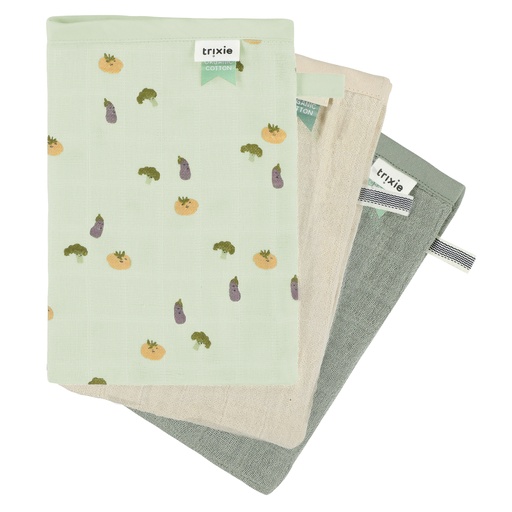 [476564] WASHANDJE, Friendly Vegetables, all over groenten print/uni (Bliss olive/beige), tetra, 3 stuk(s) (084), 2023-2024