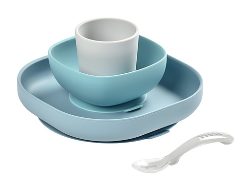 [386744] EETSET, jungle, uni, 4 delig: plat bord, kom, lepel, drinkbeker, volledig silicone, 2020