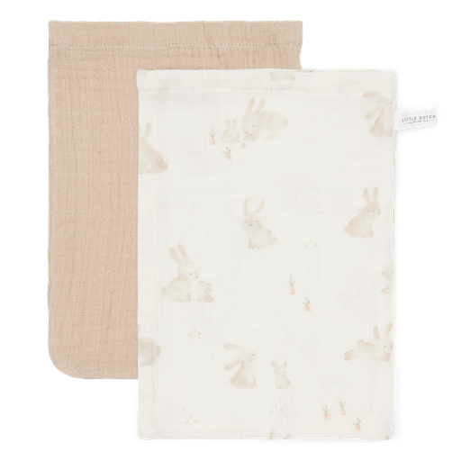 [469781] WASHANDJE, Newborn Naturals, baby bunny/beige, wit/ecru, uni/all over print konijntjes, hydrofiel, 2 stuks