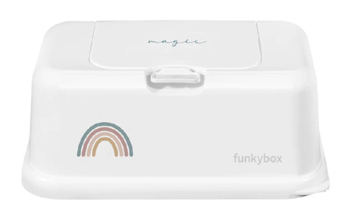 [385429] BOX, doos, Magic Rainbow, white , wit, print regenboog, kunststof, vr vochige doekjes, 13x9x22cm